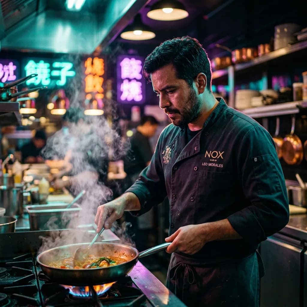 Grok Imagine 2.0 example: cinematic portrait of a chef in a neon-lit kitchen with shallow depth of field