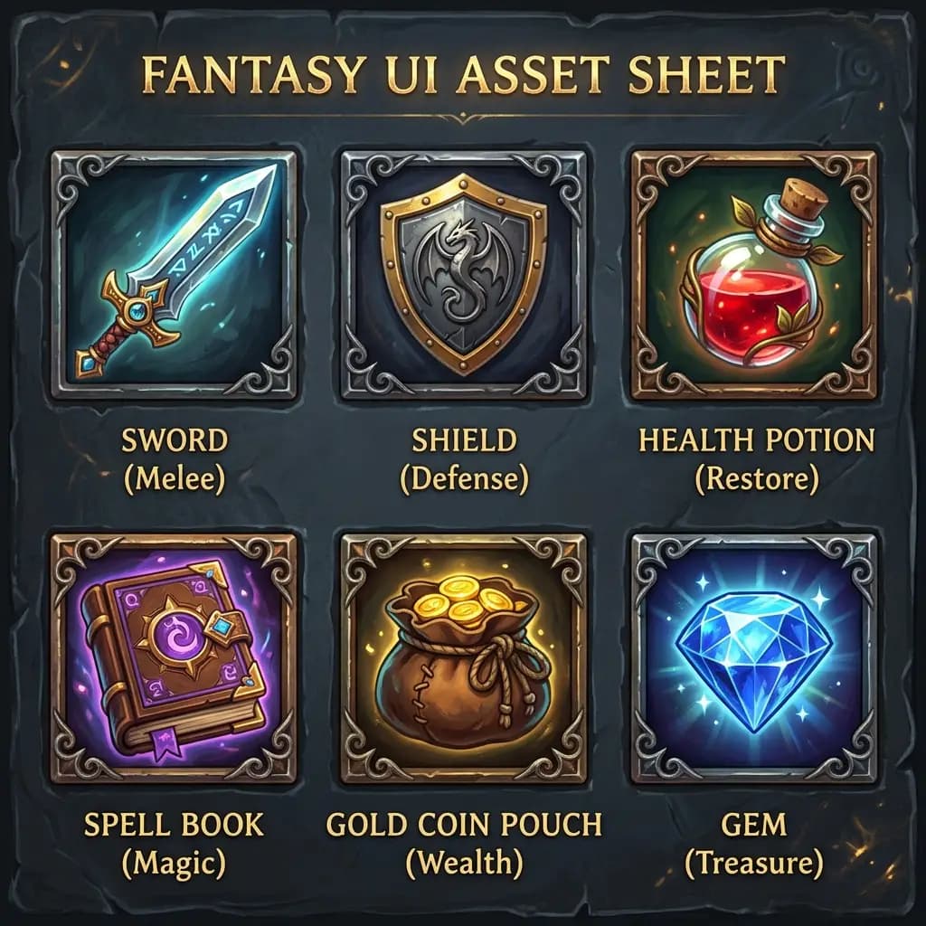 Grok Imagine 2.0 example: sheet of fantasy game UI icons in a consistent style with labeled slots