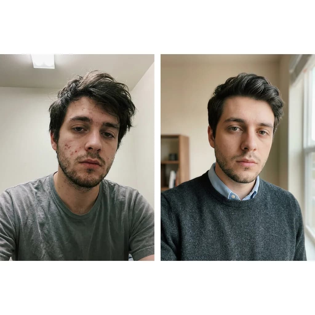 Before and after looksmaxing glow-up: a tired casual selfie on the left, the same man with clearer skin, groomed hair and better light on the right