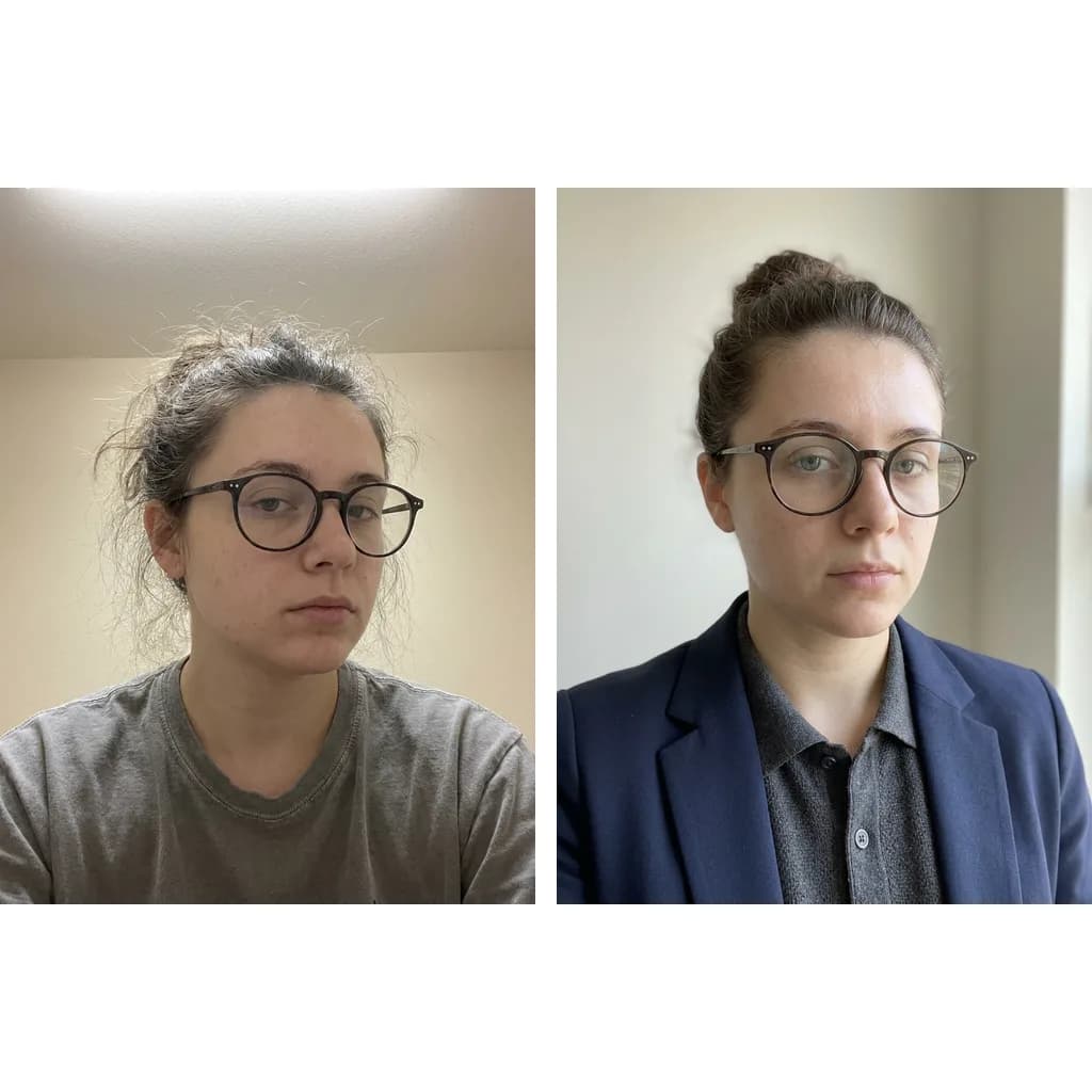 Before and after looksmaxing glow-up: a makeup-free selfie with glasses on the left, the same woman with clearer skin and tidier hair, glasses kept, on the right