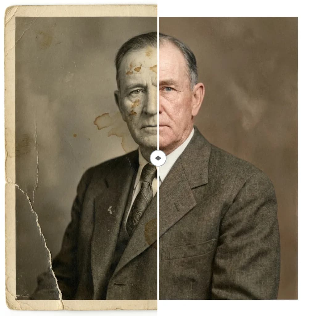 Before and after old photo restoration: a torn, water-damaged photo on the left repaired and reconstructed on the right