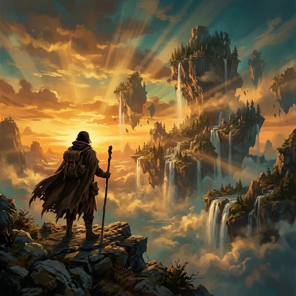 Z-Image Turbo example: cinematic fantasy concept art of a traveler overlooking floating islands at sunset