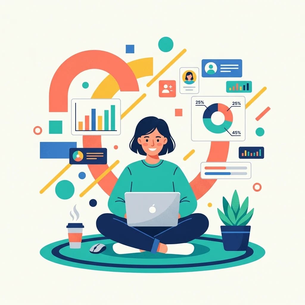 Z-Image Turbo example: clean flat vector illustration of a person working on a laptop with geometric shapes