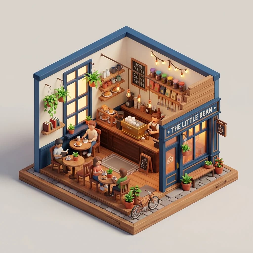 Z-Image Turbo example: isometric 3D illustration of a cozy miniature coffee shop diorama