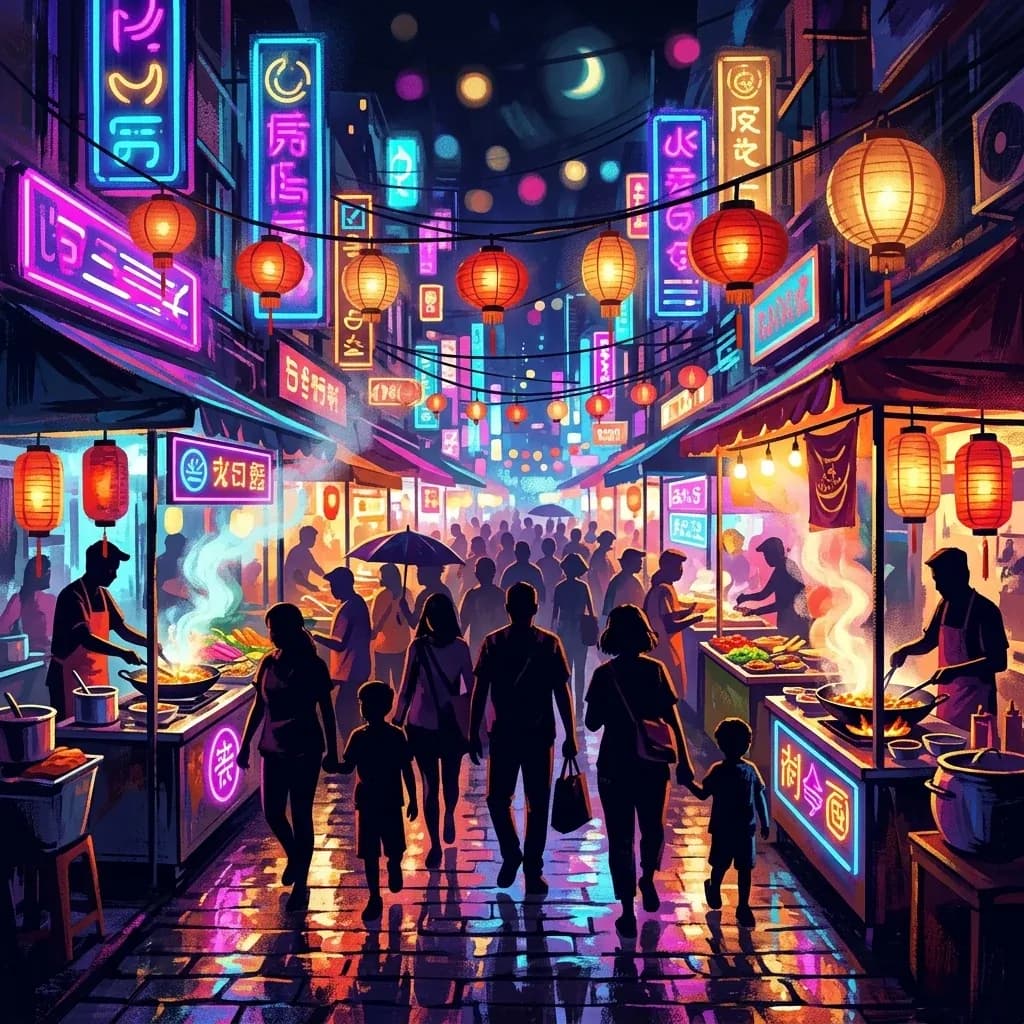 Z-Image Turbo example: vibrant stylized illustration of a neon-lit night street food market