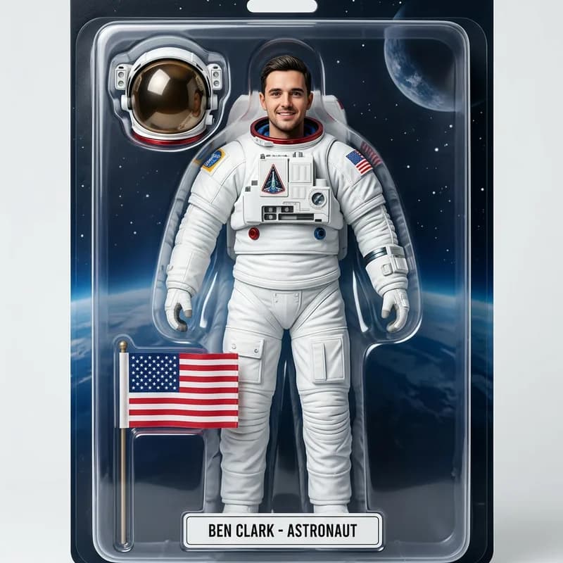 Before and after: a man's photo turned into an astronaut action figure with a space suit, helmet and flag accessories