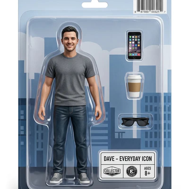 Before and after AI action figure generator: a man's casual selfie on the left turned into a boxed collectible action figure on the right, with a phone, coffee and sunglasses
