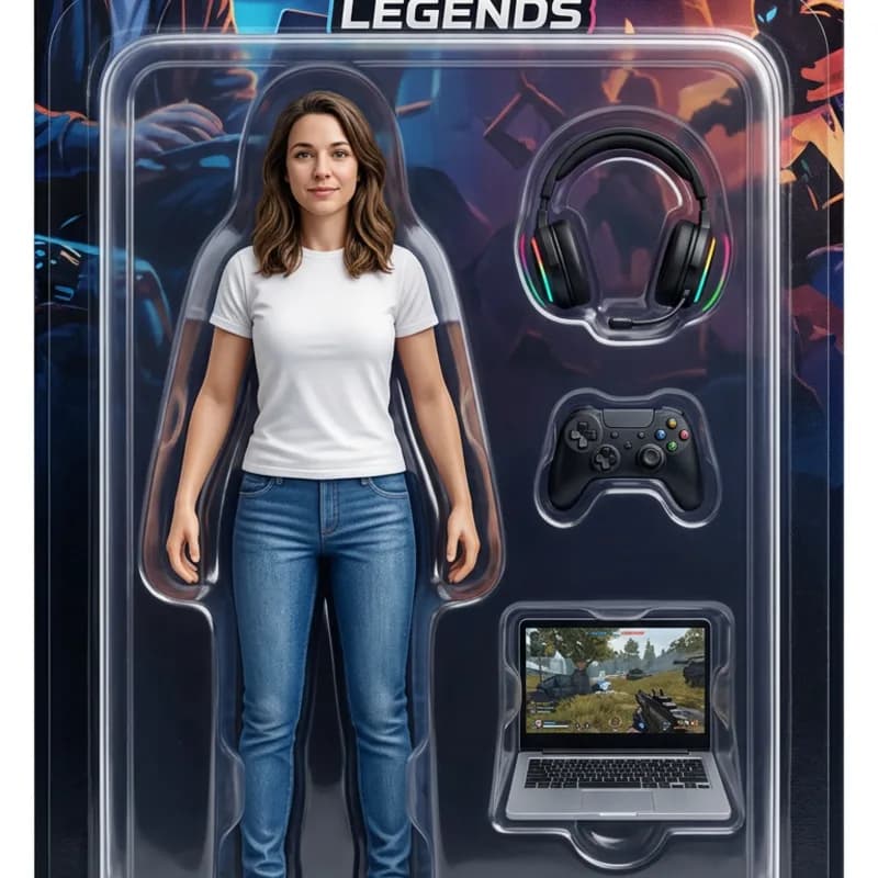 Before and after: a woman's photo turned into a gamer action figure with a headset, controller and laptop accessories