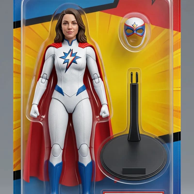 Before and after: a woman's photo turned into a superhero action figure in blister-pack packaging with a cape and mask accessory