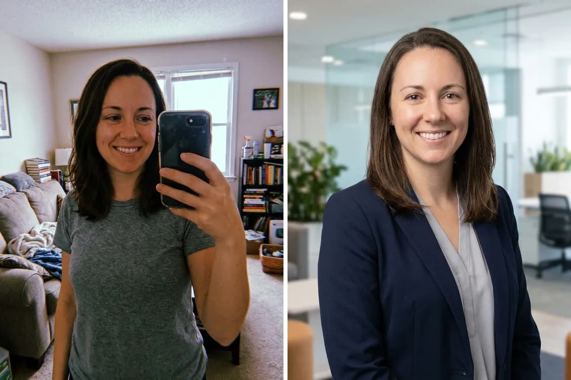 Before and after AI headshot generator: a casual home selfie of a woman on the left turned into a professional corporate headshot in a blazer on the right