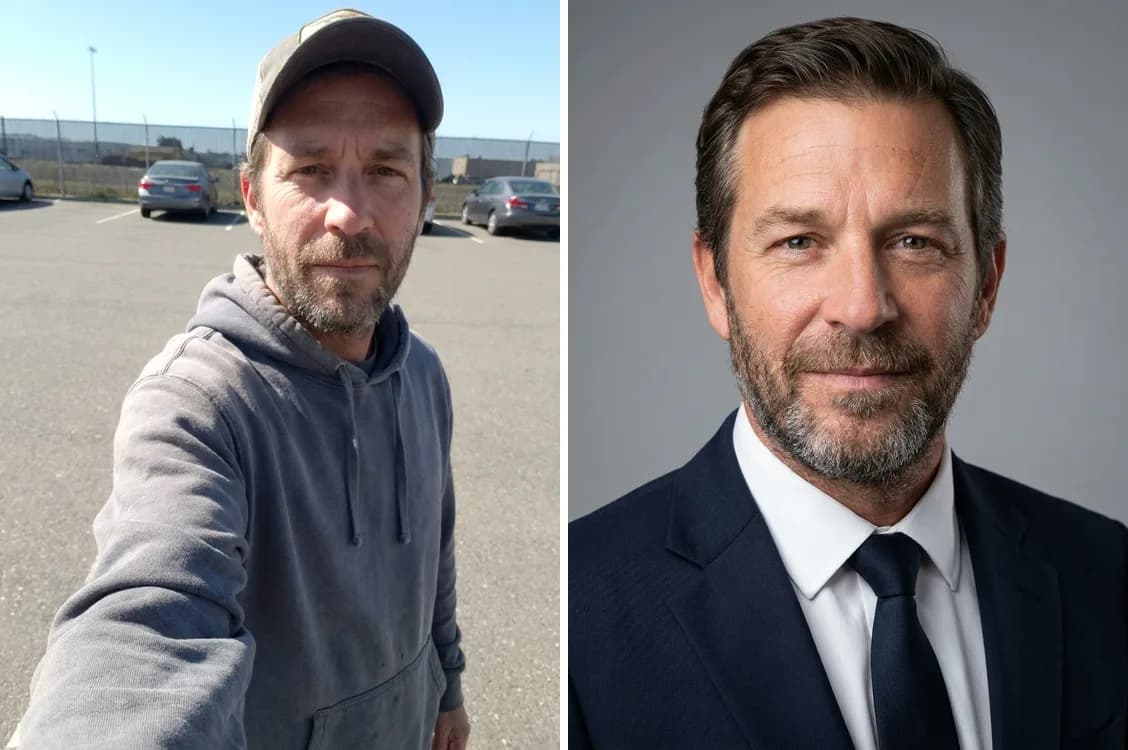Before and after AI headshot generator: a casual outdoor selfie of a man on the left turned into a professional headshot in a navy suit on the right