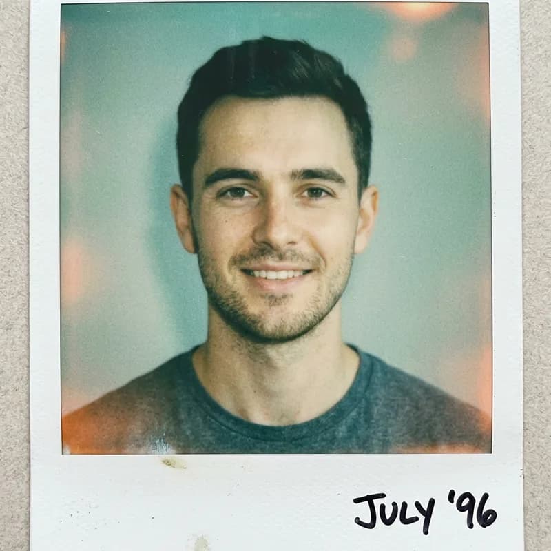 Before and after: a man's photo turned into a faded 90s film Polaroid with heavy grain and light leaks