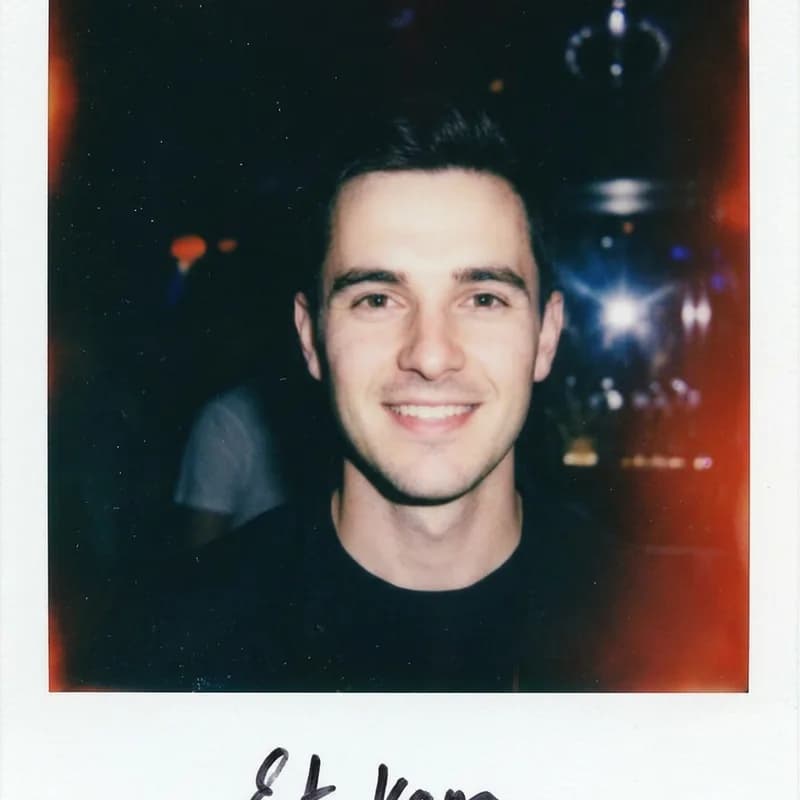 Before and after: a man's photo turned into a 2000s night-flash Polaroid with hard direct flash and a dark background