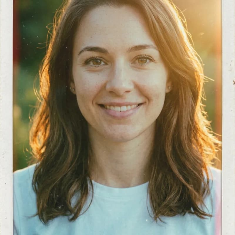 Before and after: a woman's photo turned into a golden-hour Polaroid with warm backlight and a nostalgic summer mood