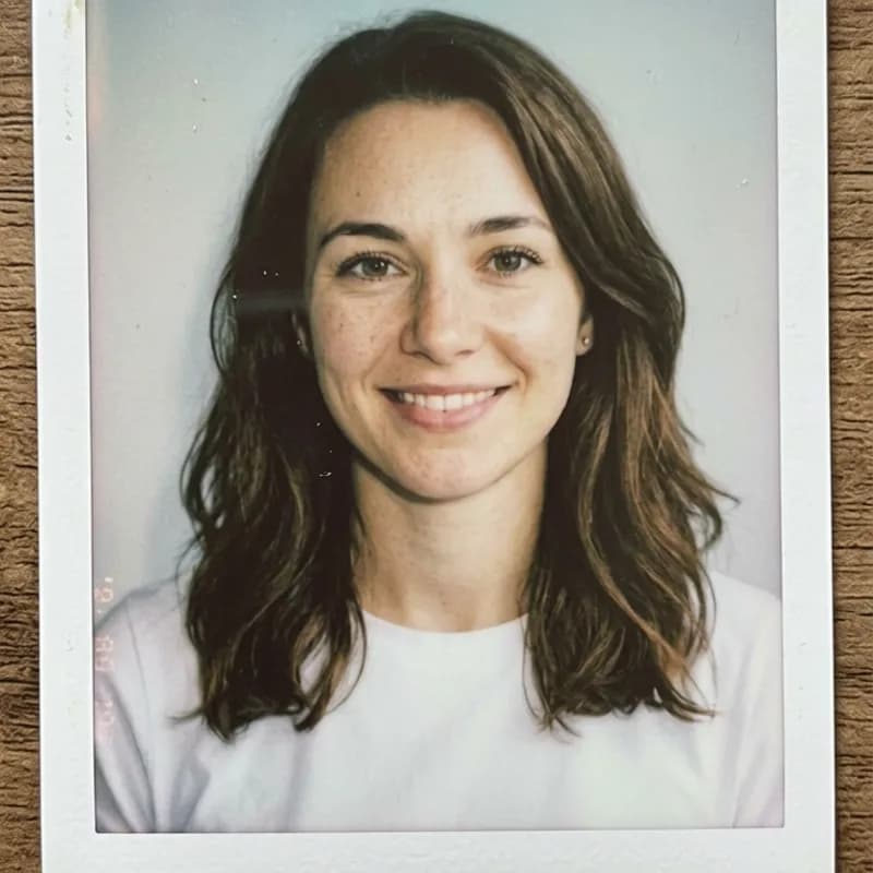 Before and after AI Polaroid generator: a woman's plain selfie on the left turned into a warm vintage Polaroid with the white instant-film frame on the right