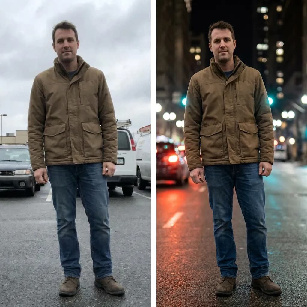 Before and after AI background changer: a casual portrait on the left placed in front of a city street at night on the right