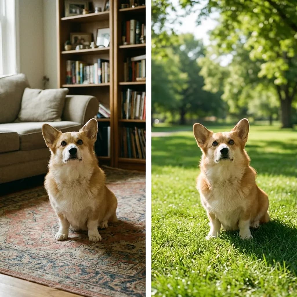Before and after AI background changer: a dog photographed in a living room on the left placed in a sunny park on the right