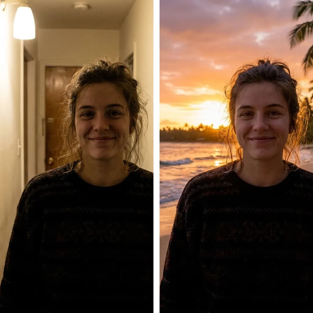 Before and after AI background changer: a portrait photographed indoors on the left placed in front of a sunset beach on the right, same person unchanged