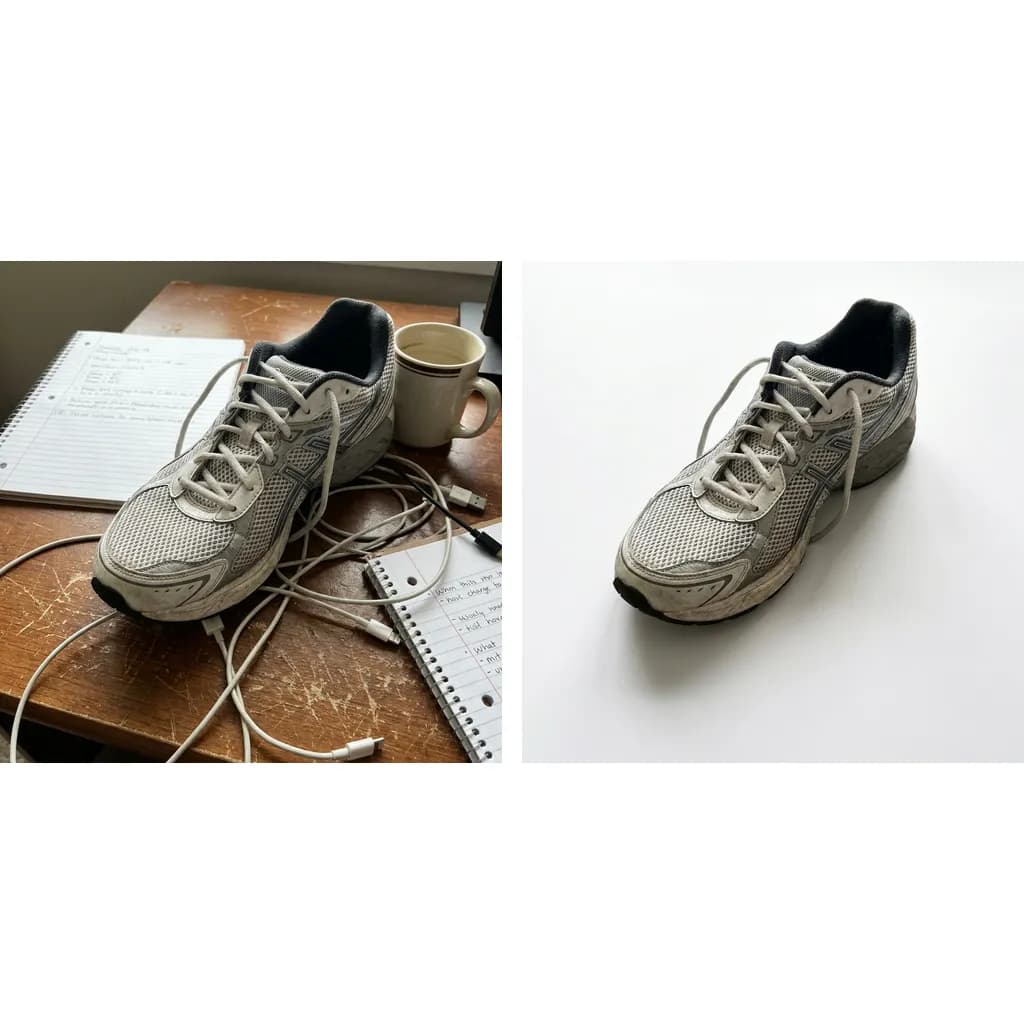 Before and after AI background changer: a product photo on a cluttered desk on the left moved onto a clean white studio background on the right
