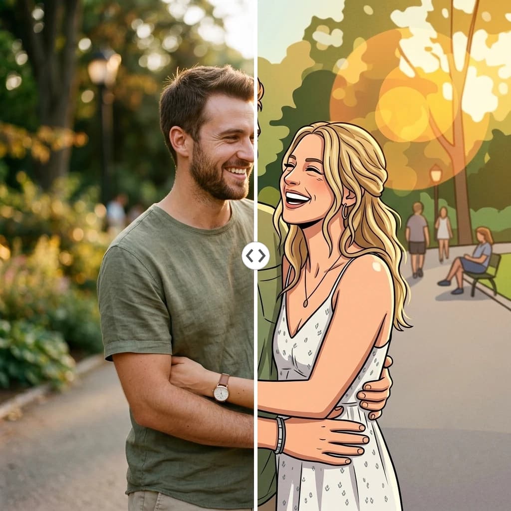 Before and after AI cartoon generator: a photo of a couple turned into a cartoon illustration