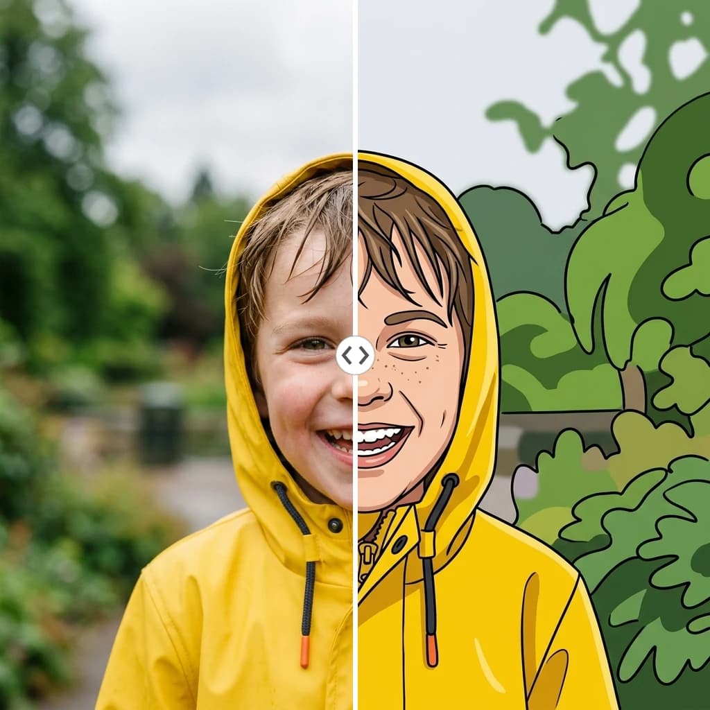 Before and after AI cartoon generator: a photo of a child turned into a cheerful cartoon illustration