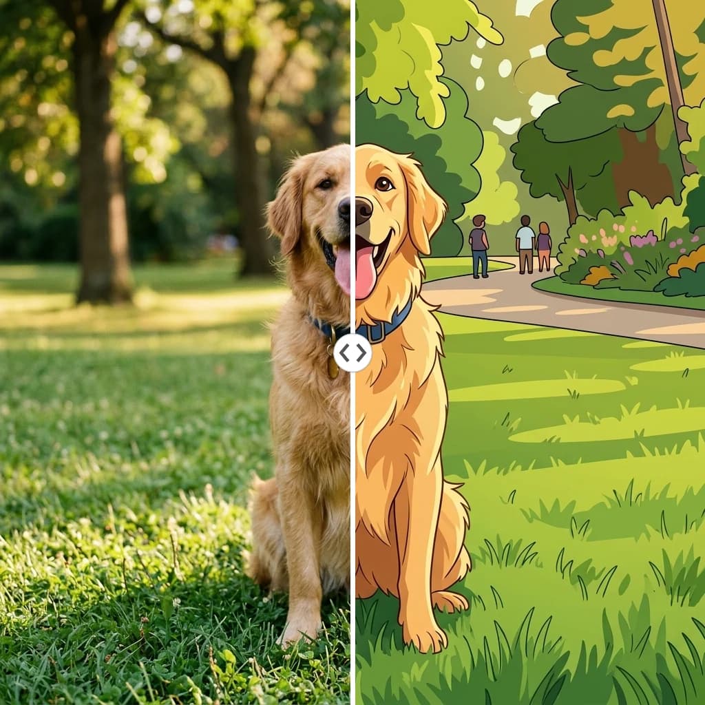 Before and after AI cartoon generator: a photo of a dog turned into a fun cartoon illustration