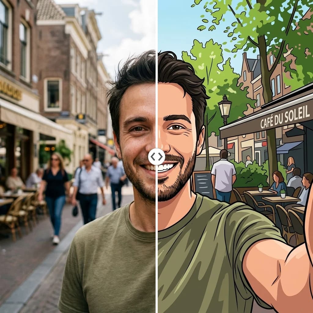 Before and after AI cartoon generator: a selfie photo on the left turned into a vibrant cartoon illustration on the right
