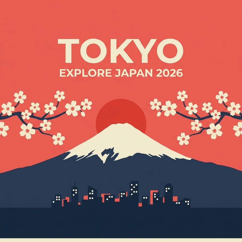 GPT Image 2 example: minimalist Japan travel poster with crisp readable 'TOKYO' headline text