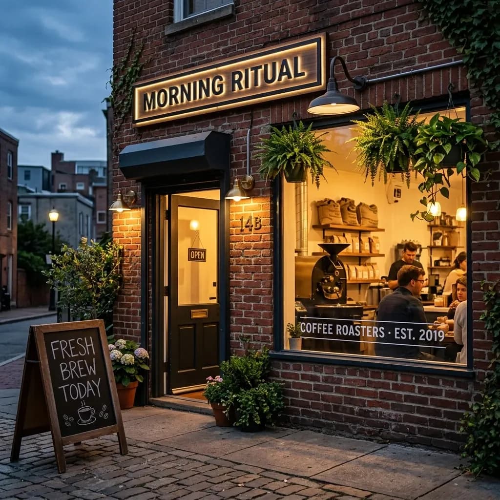 AI-generated coffee roastery storefront with crisp readable signage text — GPT Image 2 example