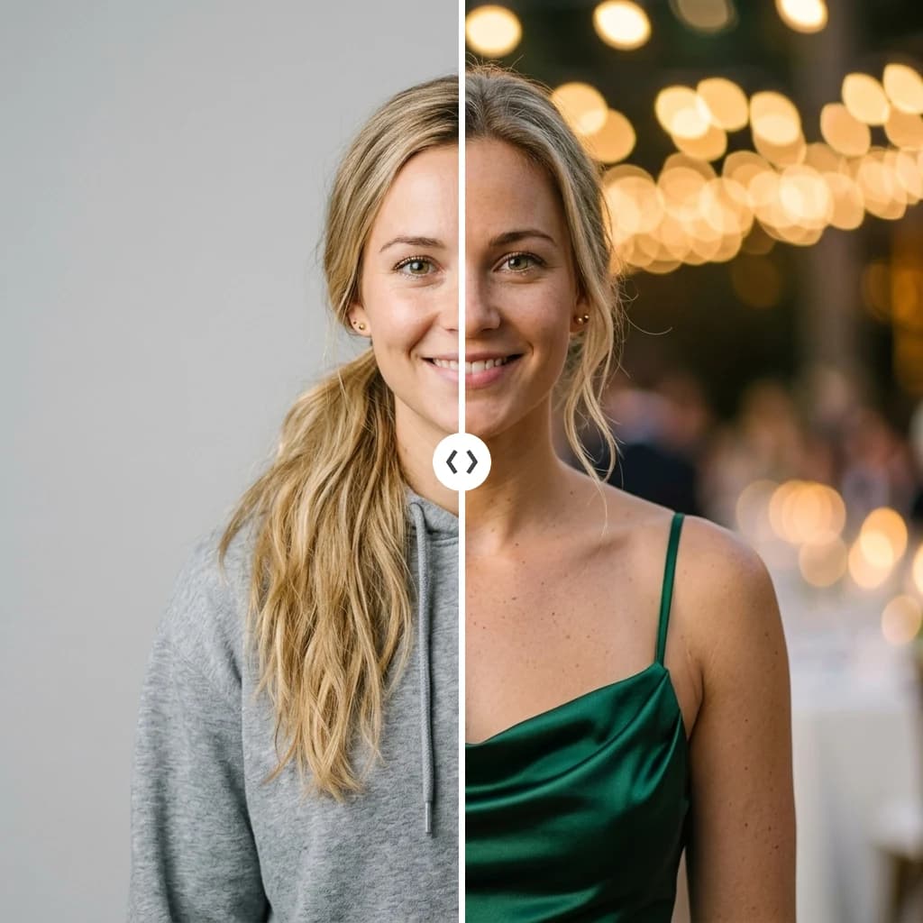 AI image edit before and after: a hoodie portrait restyled into an evening-event look with the same face — Nano Banana 2 example