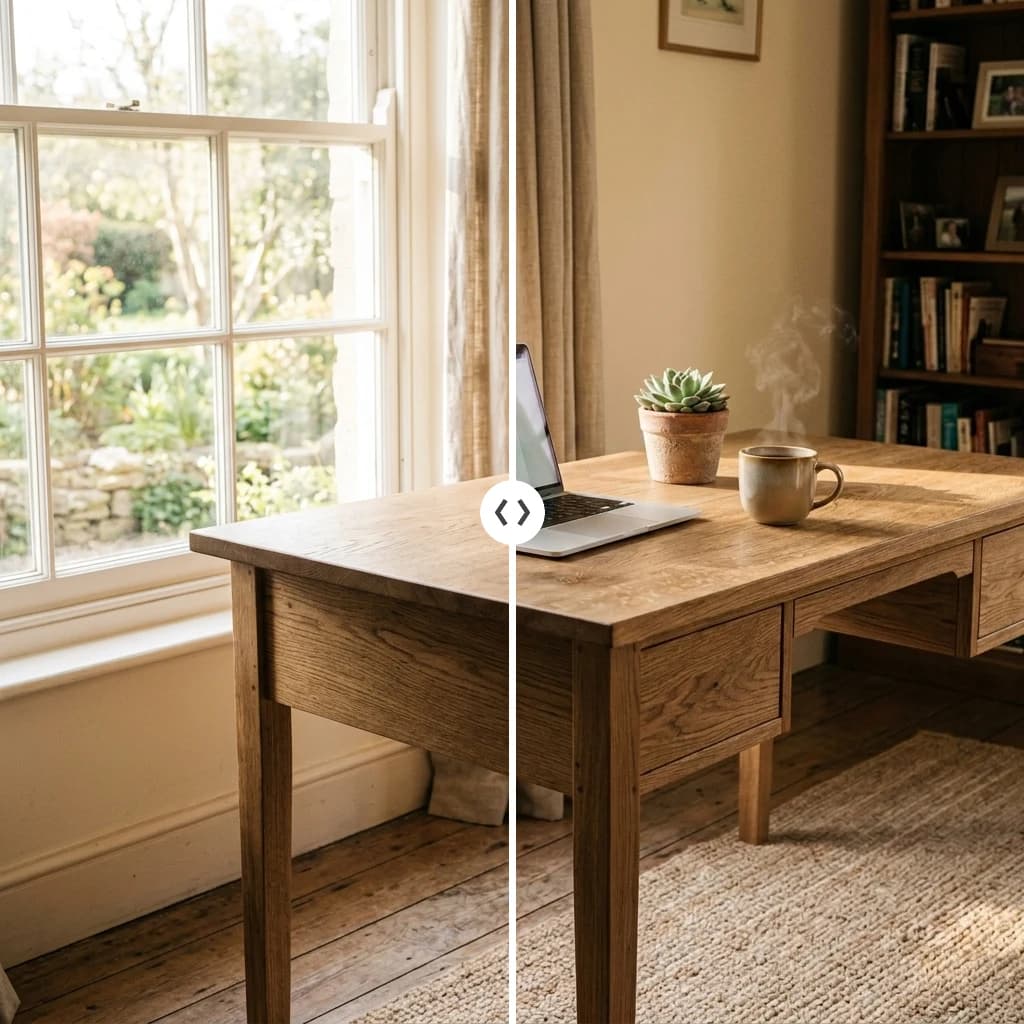 AI image-to-image comparison adding a laptop, coffee, and plant to an empty wooden desk