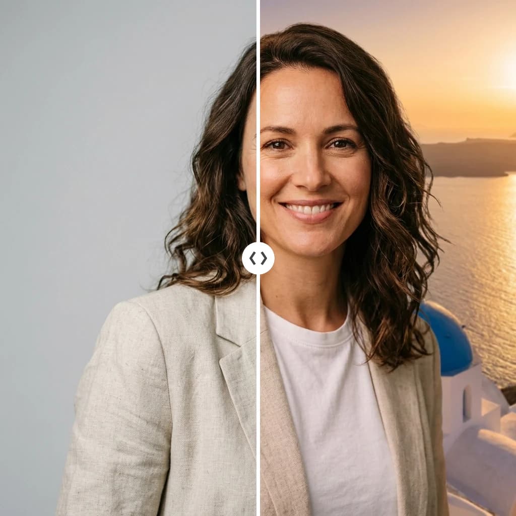AI image-to-image background swap comparison moving a portrait from a plain studio wall to a Santorini sunset