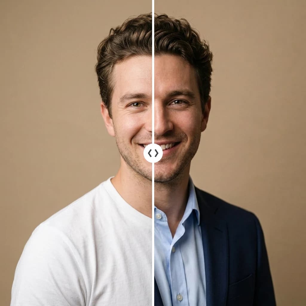 AI image-to-image outfit change comparison from a white t-shirt to a navy blazer while keeping the same face