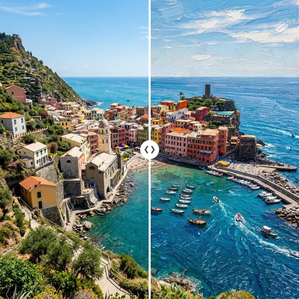 AI image-to-image style transfer comparison rendering a coastal town photo as an oil painting