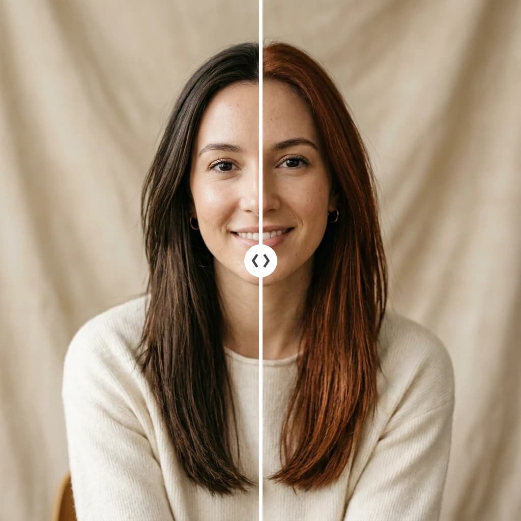 Nano Banana 2 example: before and after targeted edit changing hair color from brown to auburn, everything else unchanged