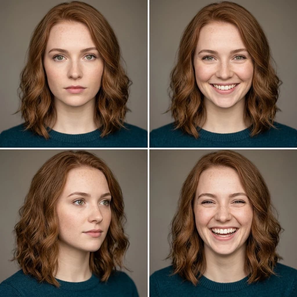 Nano Banana 2 example: a 2x2 grid of the same person across four expressions, showing identity preservation
