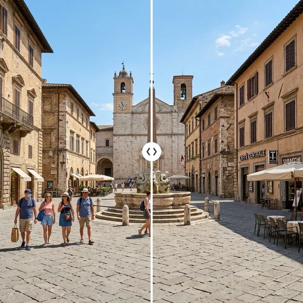 Nano Banana 2 example: before and after removing all tourists from a plaza while keeping the scene intact