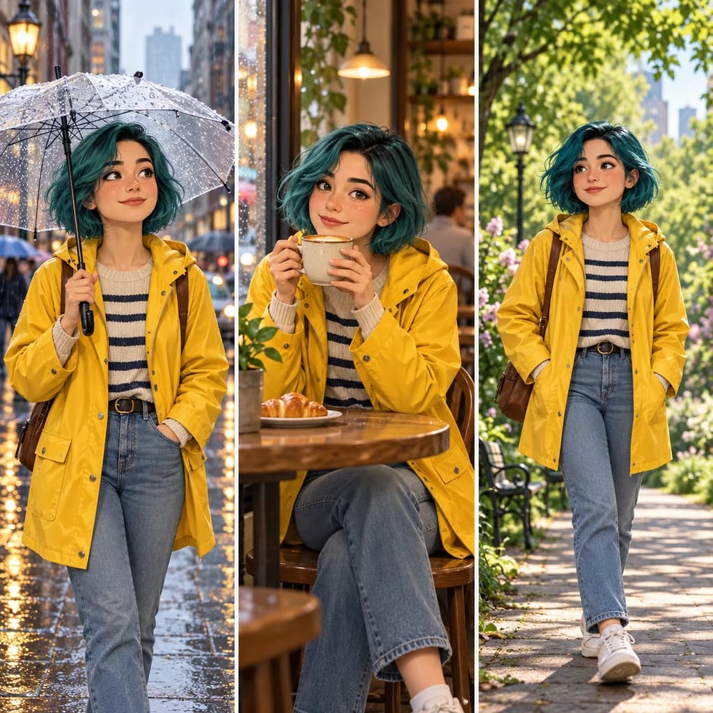 Nano Banana 2.1 style example: the same illustrated character shown in three scenes with a consistent face and outfit