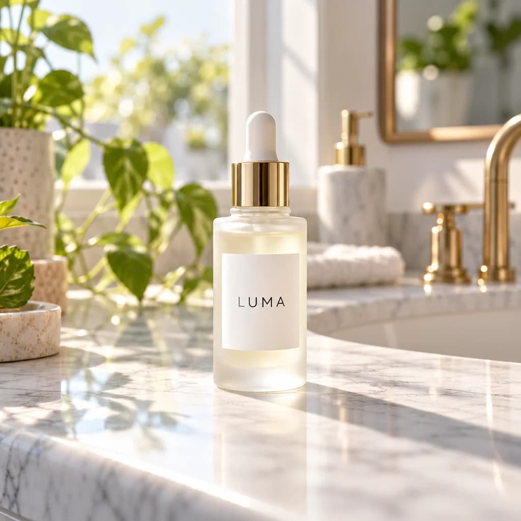 Nano Banana 2.1 style example: a skincare bottle placed in a sunlit bathroom scene with its label intact