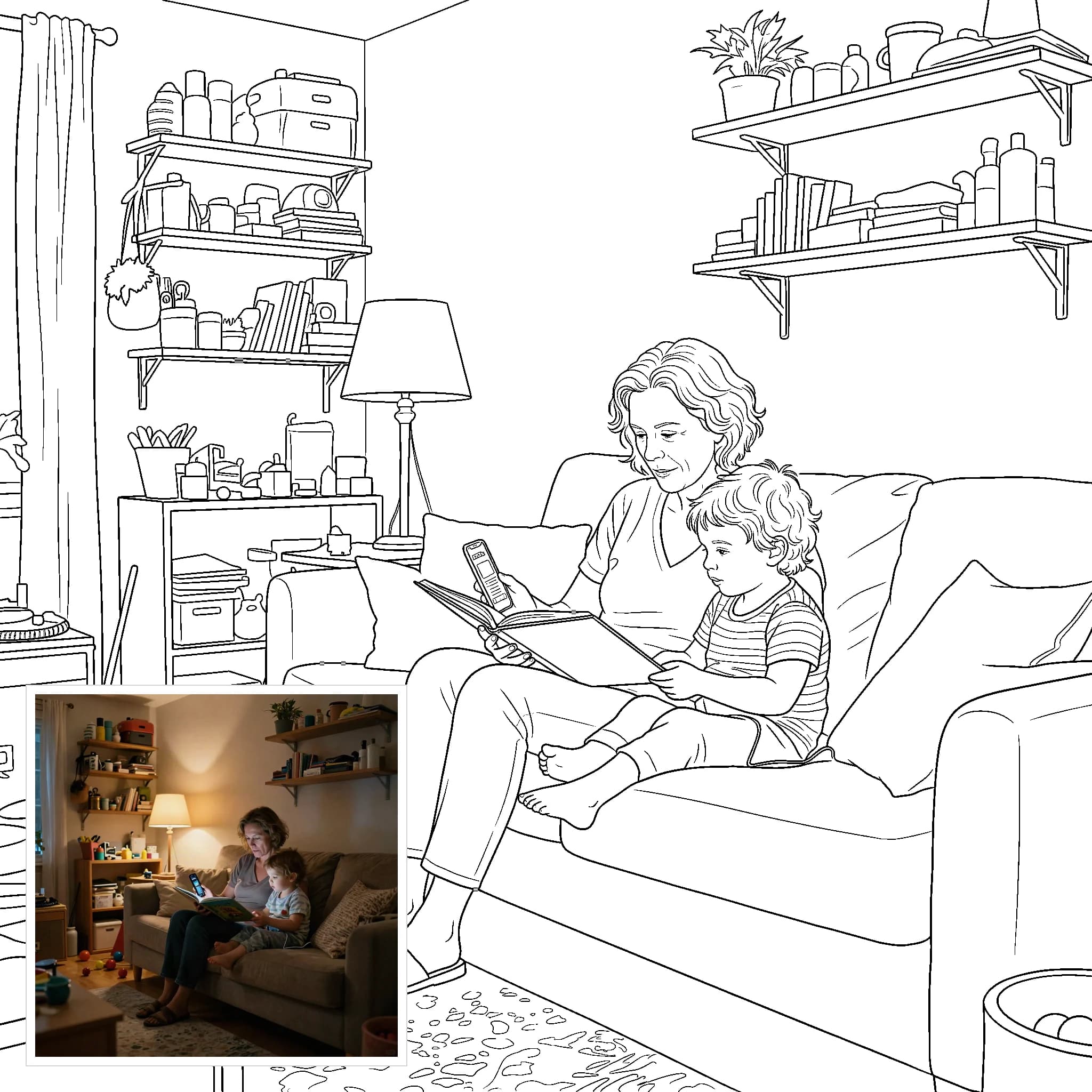 Photo to coloring page example: a grandmother reading to a toddler on a sofa drawn as a coloring page, with the original photo inset