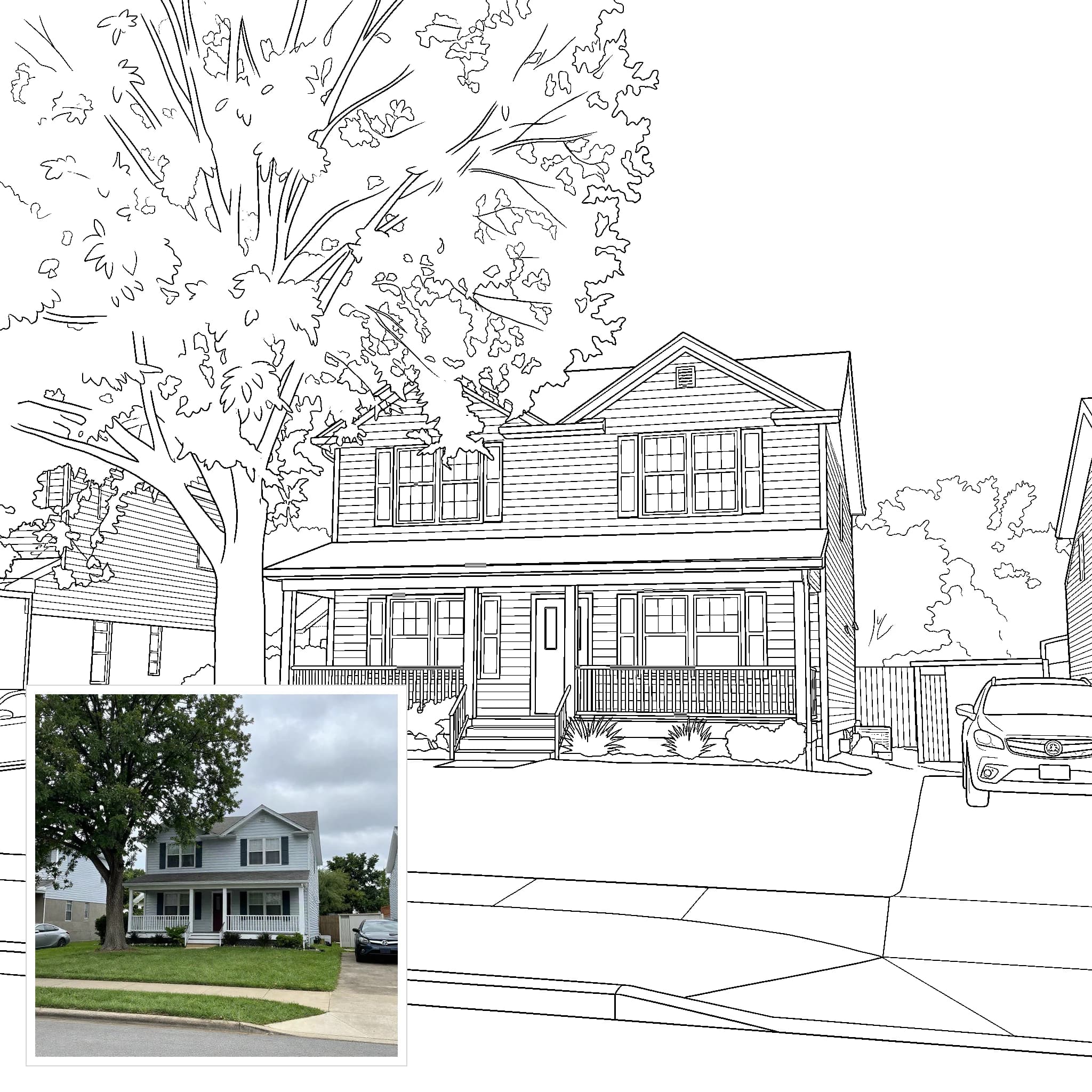 Photo to coloring page example: a two-story family house drawn as a coloring page, with the original photo inset