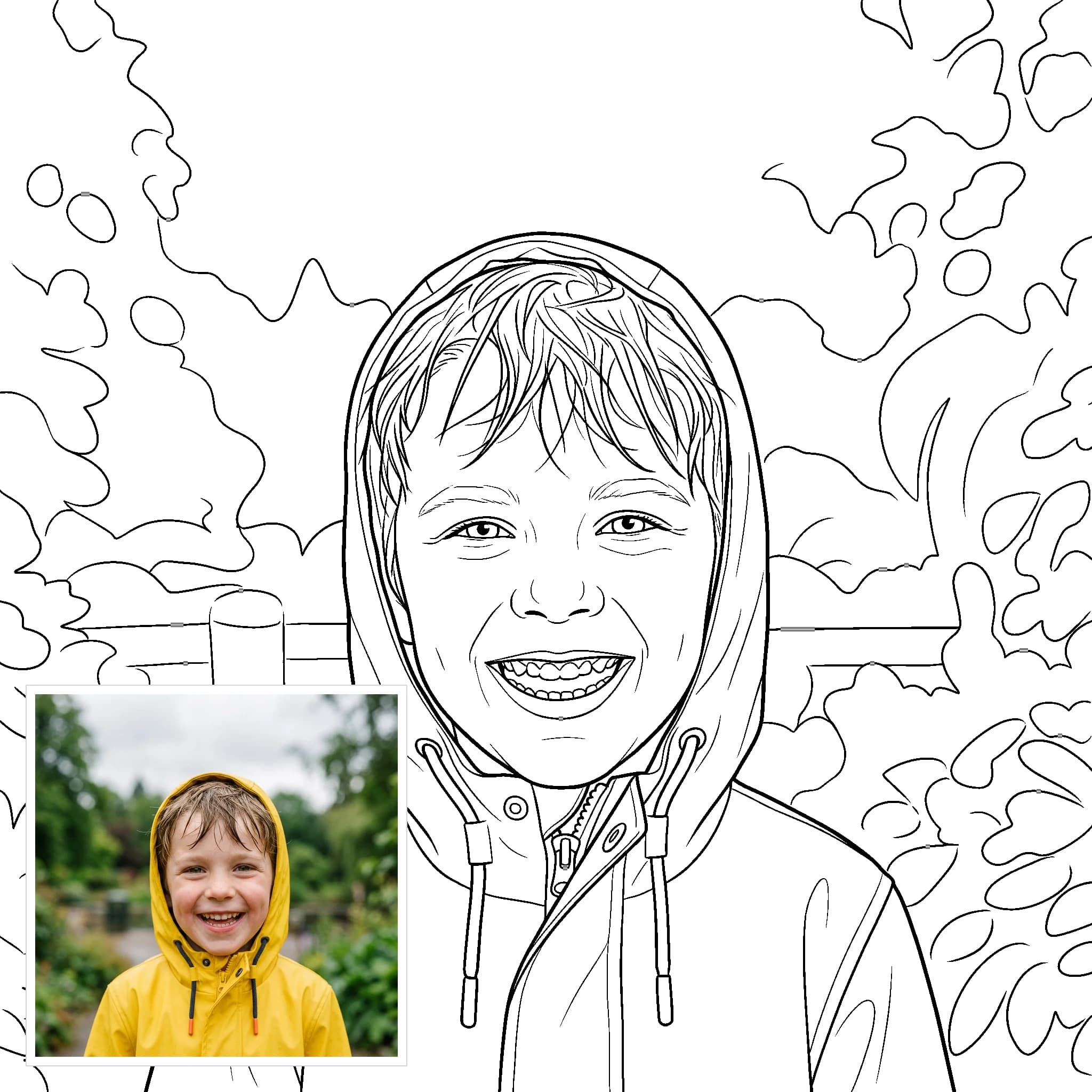 Photo to coloring page example: a smiling child in a raincoat drawn as a coloring page, with the original photo inset