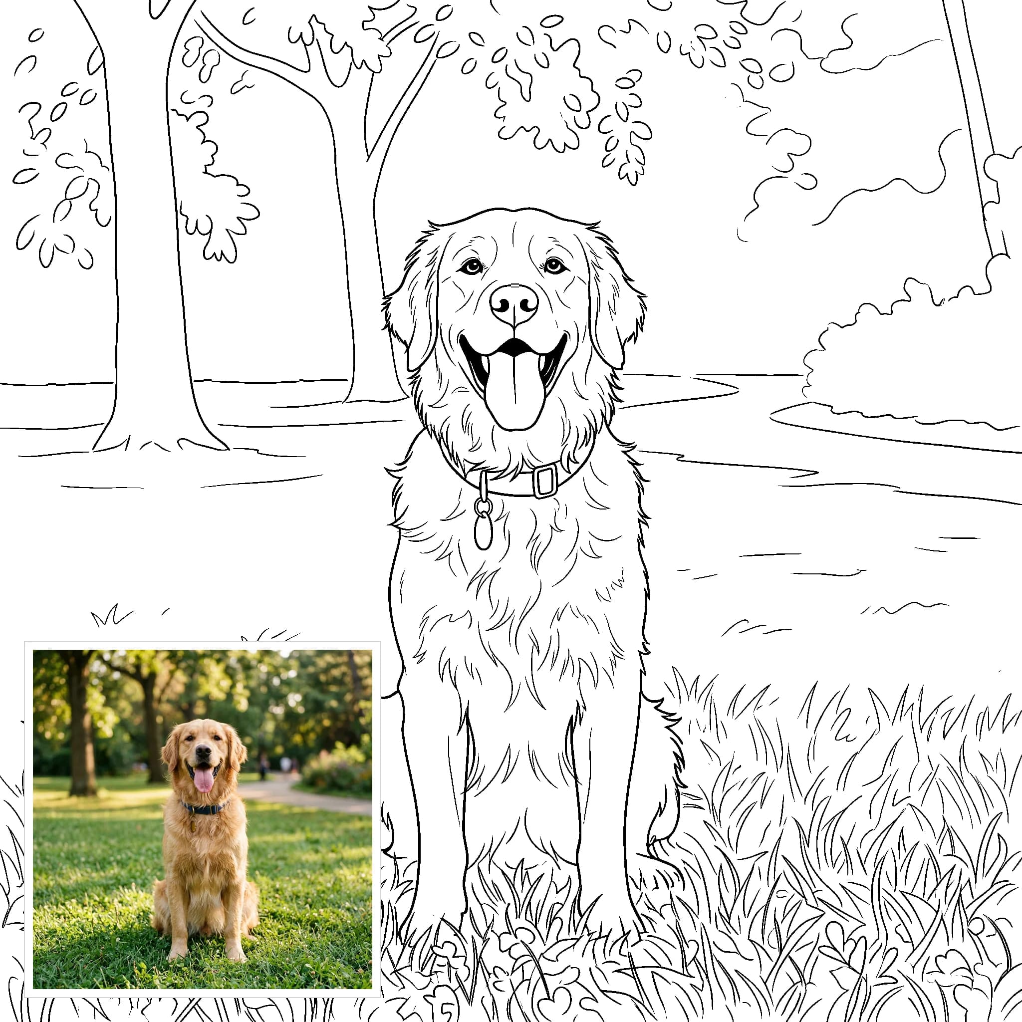 Photo to coloring page example: a golden retriever in a park drawn as a black-and-white coloring page, with the original photo inset