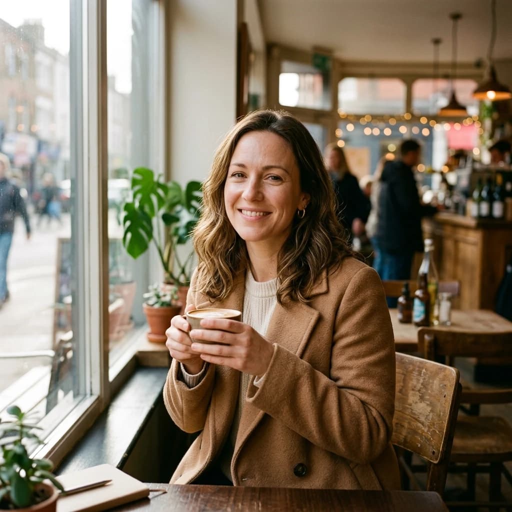 Seedream 4.5 example: realistic environmental portrait of a woman in a sunlit cafe with natural skin tones