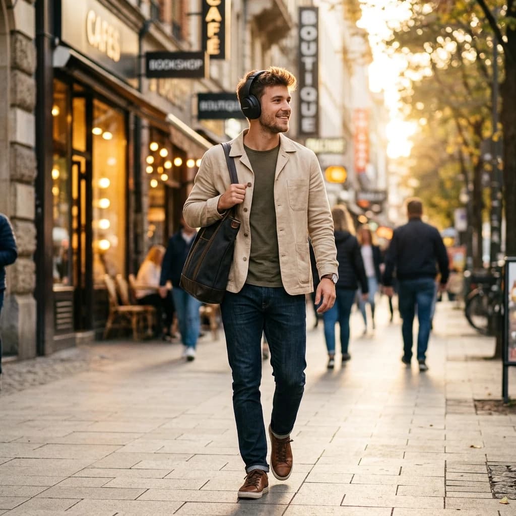Seedream 4.5 example: golden-hour lifestyle brand photo of a man with headphones on a city street