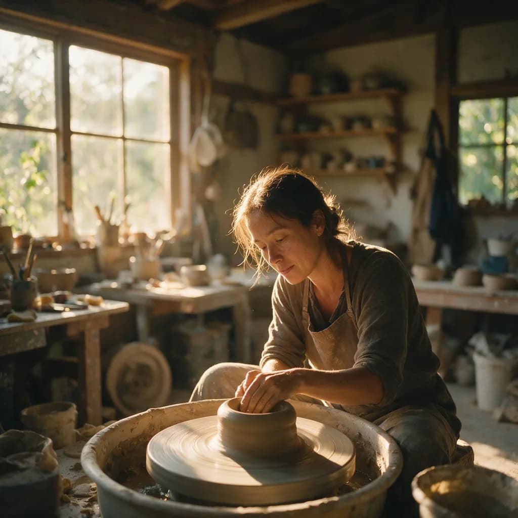 Seedream 5.0 Pro example: photorealistic portrait of a ceramic artist at a pottery wheel in warm window light