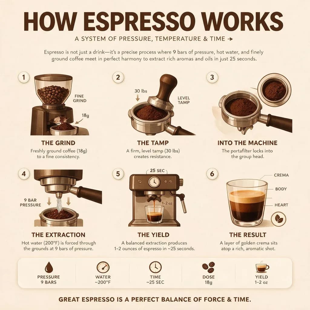 Seedream 5.0 Pro example: six-step espresso infographic with dense readable text and consistent illustrations
