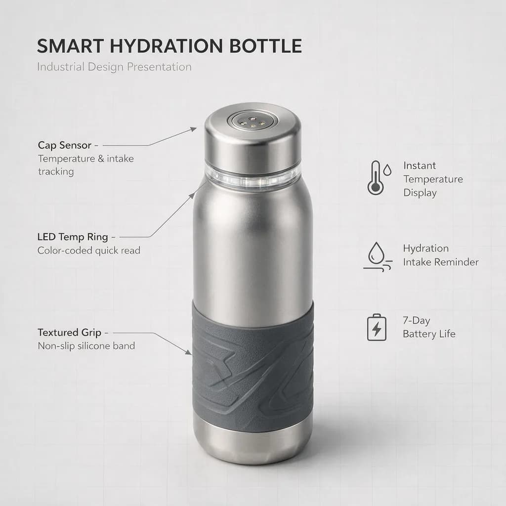 Seedream 5.0 Pro example: industrial design sheet of a smart water bottle with labeled annotation callouts