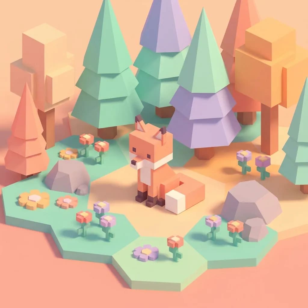 AI text-to-image low-poly 3D render of a fox in a pastel forest