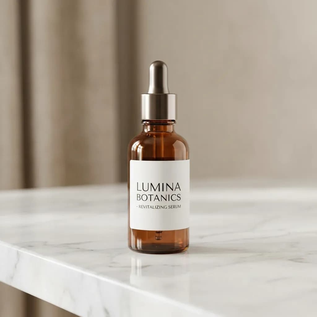AI text-to-image product photo of a skincare serum bottle on marble